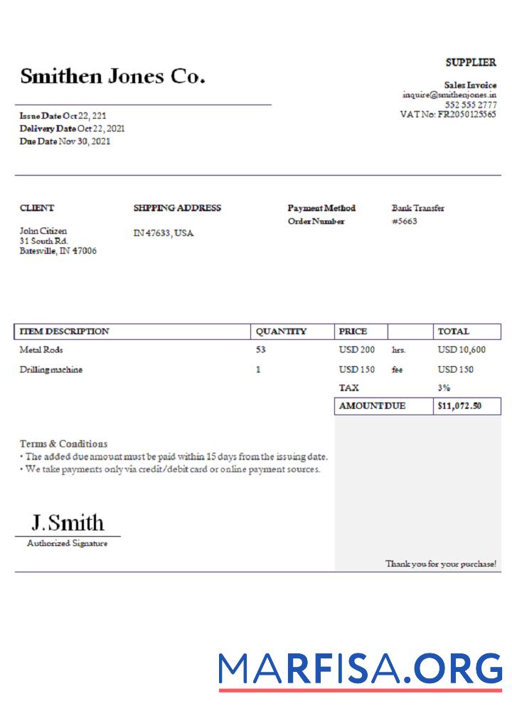 Downloadable USA Smithen Jones Co. invoice example